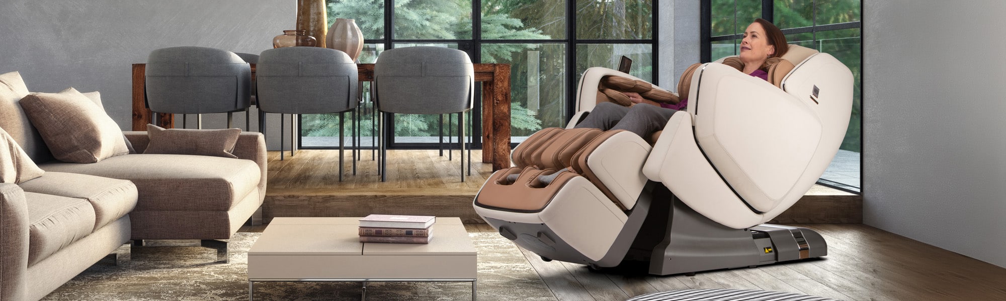 Woman relaxing in a luxury massage chair by OHCO