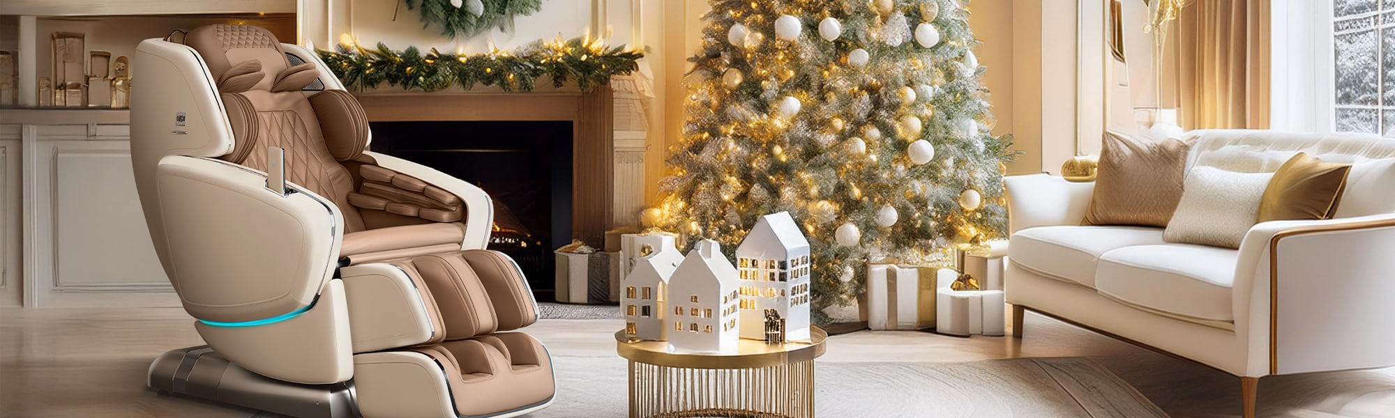 An OHCO luxury massage chair next to the tree makes an incredible self-care gift