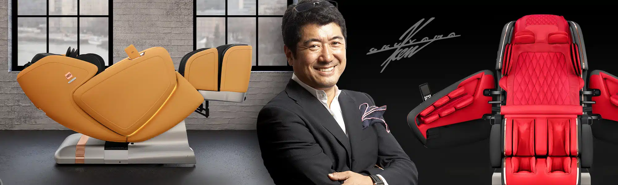 Renowned industrial designer from Japan, Ken Okuyama, pictured with his OHCo luxury massage chair